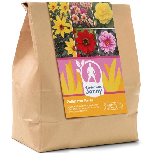 Garden with Jonny Pollinator Party Bundle (Dahlia Bishop of York, Dahlia Bishop of Auckland, Dahlia Fascination, Dahlia Bishop’s Children Mix, and Begonia Nonstop Yellow)