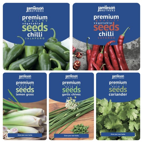 Exotic Kitchen Herb Collection - Lemon Grass, Coriander, Garlic Chives, Chilli Jalapeno and Chilli Cayenne (approx 455 seeds) by Jamieson Brothers®