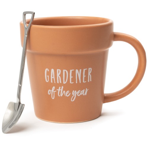 Gardening Gift Mug & Spoon Set - Gardener of The Year Plant Pot Mug, Shovel Shaped Stainless Steel Spoon - A Great Novelty Gift for Gardeners by Jamieson Brothers