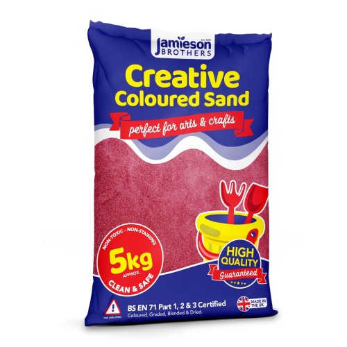 Red Coloured Dry Play Sand – 5kg Bag Soft Sand for Kids – Make Sand Art, Arts & Craft Sand – Non-Toxic & Non-Staining – Just Add Water to Make Playsand for Kids – Jamieson Brothers Creative Sand