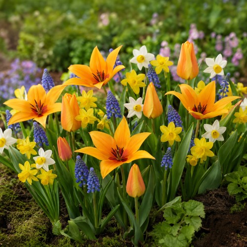 Best Friends, Spectacular Crowd: Tulip Shogun, Muscari Armeniacum, Daffodil Minnow & Tete a Tete, 30 Bulbs Ready for Planting Now in UK Autumn Outdoor Gardens
