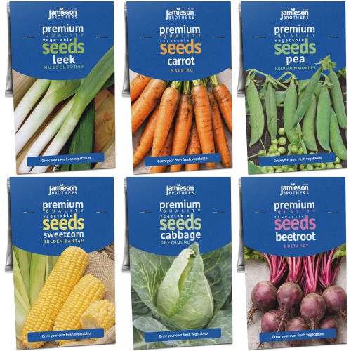 The Classic British Allotment Collection 6 Pack Vegetable Seed Bundle (Leek Musselburgh, Carrot Maestro, Pea Kelvedon Wonder, Sweetcorn Golden Bantam, Cabbage Greyhound, Beetroot Boltardy)