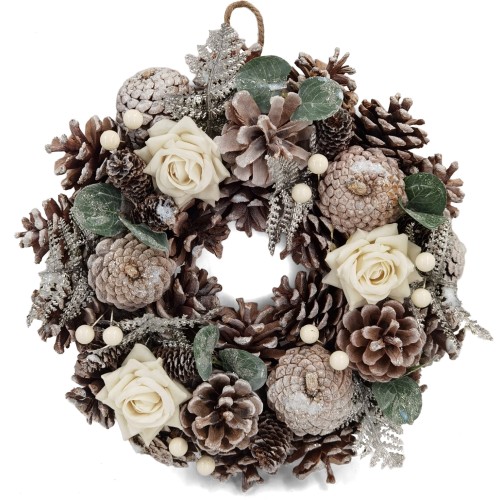 30cm Christmas Wreath for Front Door or Table Centre Realistic White Frosted Xmas Wreath with Xmas Baubles, Flowers, Berries and Pine Cones for Indoor & Outdoor Christmas Decor Home Decoration