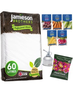 Jamieson Brothers Planting Kit, 60L Multi Purpose Compost, Plant Mister, 210g Fertiliser Bag & 5 Vegetable Seed Packets
