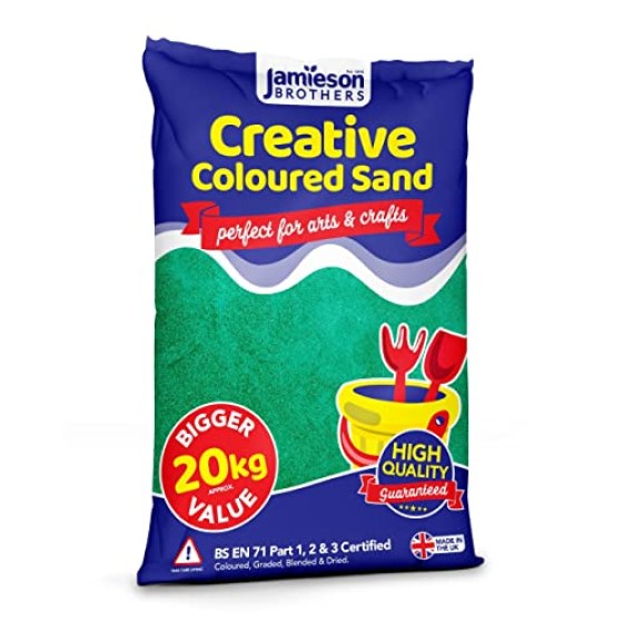 Green Coloured Dry Play Sand – 20kg Bag Soft Sand for Kids – Make Sand Art, Arts & Craft Sand – Non-Toxic & Non-Staining – Just Add Water to Make Playsand for Kids – Jamieson Brothers Creative Sand