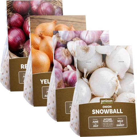 Autumn Edible Growing 4-Pack - Red Winter Onions 250g, Snowball Onions 250g, Yellow Moon Shallots (8 Pack) & Pink Garlic (4 Pack) by Jamieson Brothers