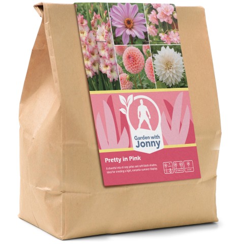 Garden with Jonny Pretty in Pink Bundle (Dahlia Bishop of Leicester, Dahlia Nathalie G, Dahlia Café au Lait , Begonia Pendula Pink, and Gladiolus Priscilla)