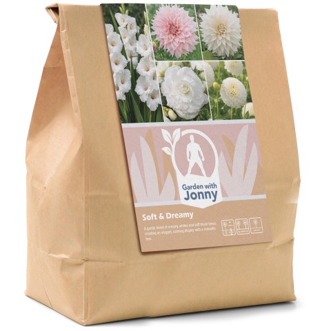 Garden with Jonny Soft and Dreamy Bundle (Dahlia Café au Lait, Dahlia Café au Lait Twist, Dahlia Pompon Snowflake, Begonia Double White, and Gladiolus White Prosperity)