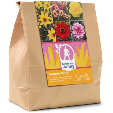 Garden with Jonny Pollinator Party Bundle (Dahlia Bishop of York, Dahlia Bishop of Auckland, Dahlia Fascination, Dahlia Bishop’s Children Mix, and Begonia Double Yellow)