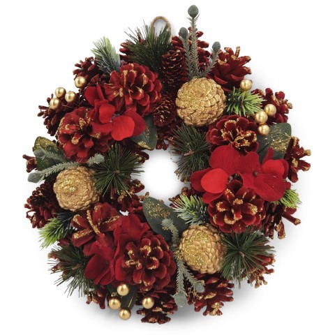 30cm Christmas Wreath for Front Door Realistic Golden & Red Xmas Wreath with Xmas Baubles, Flowers, Berries, Cinnamon and Pine Cones for Indoor & Outdoor Christmas Decor Home Decoration