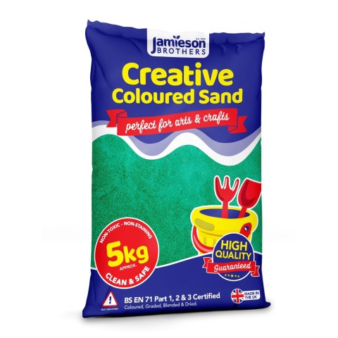 Green Coloured Dry Play Sand – 5kg Bag Soft Sand for Kids – Make Sand Art, Arts & Craft Sand – Non-Toxic & Non-Staining – Just Add Water to Make Playsand for Kids – Jamieson Brothers Creative Sand