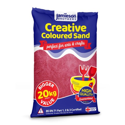 Red Coloured Dry Play Sand – 20kg Bag Soft Sand for Kids – Make Sand Art, Arts & Craft Sand – Non-Toxic & Non-Staining – Just Add Water to Make Playsand for Kids – Jamieson Brothers Creative Sand