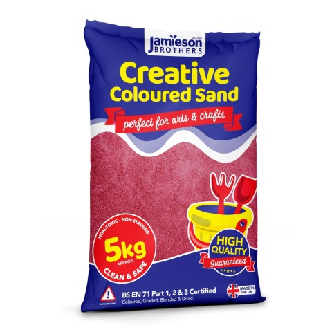 Red Coloured Dry Play Sand – 5kg Bag Soft Sand for Kids – Make Sand Art, Arts & Craft Sand – Non-Toxic & Non-Staining – Just Add Water to Make Playsand for Kids – Jamieson Brothers Creative Sand