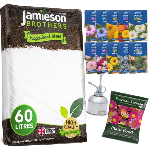 Jamieson Brothers Planting Kit, 60L Multi Purpose Compost, Plant Mister, 210g Fertiliser Bag & 10 Flower Seed Packets