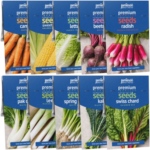 Vegetable Seed Collection 10 Pack, Carrot, Sweetcorn, Lettuce, Beetroot, Radish, Pak Choi, Leek, Spring Onion, Kale & Chard Seeds by Jamieson Brothers