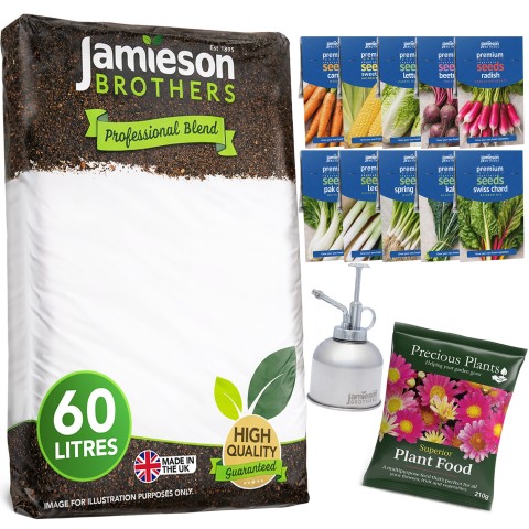 Jamieson Brothers Planting Kit, 60L Multi Purpose Compost, Plant Mister, 210g Fertiliser Bag & 10 Vegetable Seed Packets