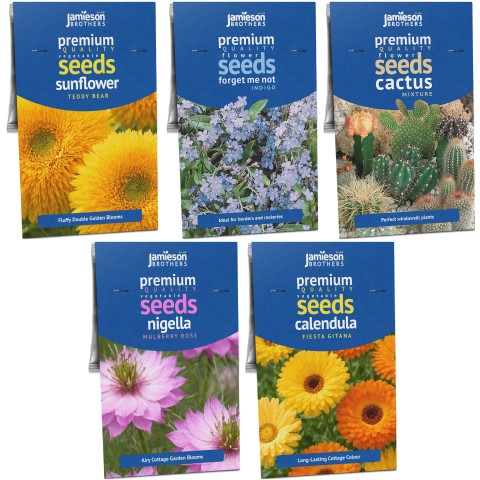 Flower Seed Collection 5 Pack, Cactus Mixed, Forget Me Not, Calendula, Nigella & Sunflower Seeds by Jamieson Brothers