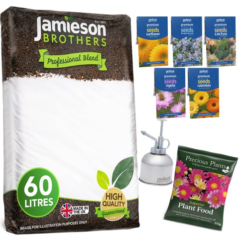 Jamieson Brothers Planting Kit, 60L Multi Purpose Compost, Plant Mister, 210g Fertiliser Bag & 5 Flower Seed Packets