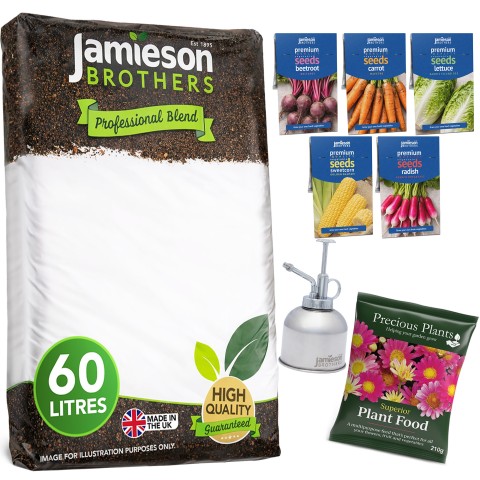 Jamieson Brothers Planting Kit, 60L Multi Purpose Compost, Plant Mister, 210g Fertiliser Bag & 5 Vegetable Seed Packets